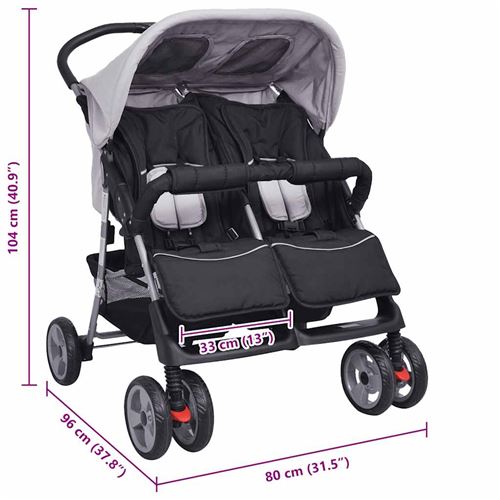 vidaXL Poussette a Deux Places Acier Gris et Noir Pliable Landau d Enfant Bebe 10110 Poussettes Achat prix fnac