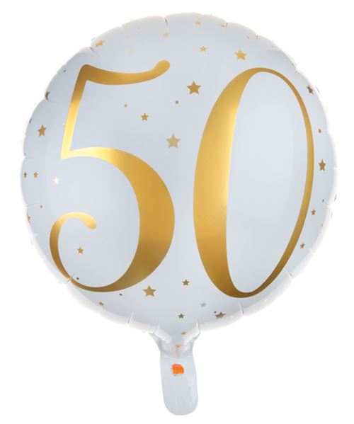 Ballon anniversaire blanc et or métallisé 50 ans en aluminium (x1) REF/6236
