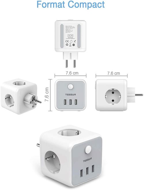 TESSAN Prise Multiple USB, Multiprise Murale 4 Prises et 3 Ports USB -  Prise, multiprise et accessoires électriques - Achat & prix
