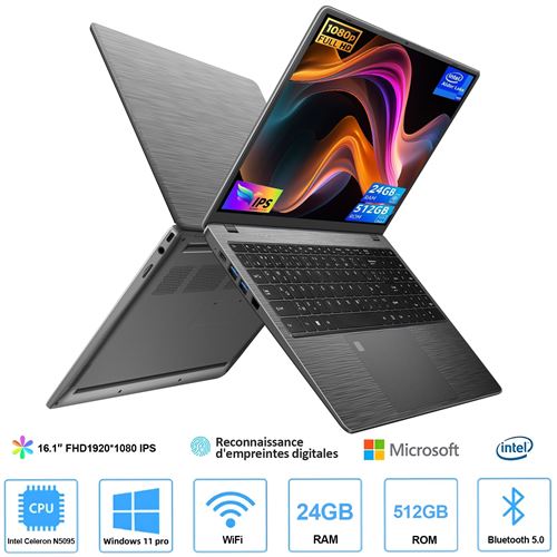 PC Portable 16,1 Pouces, Windows 11 Pro, Intel Celeron N5095 24 Go de RAM 512 Go SSD, jusqu'à 3,4 GHz IPS 1920 x 1080, Ordinateur Portable 170° Convertible Type-C Bluetooth5.0-Noir