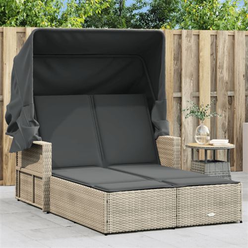 Non Communiqué Gris Clair Chaise Longue Double Avec Auvent Et Coussins Rotin
