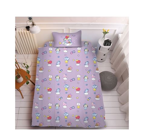Set de housse de couette BT21 en coton 150x200cm avec drap housse 160*230cm et 2 taies d'oreiller 48*74cm - violet