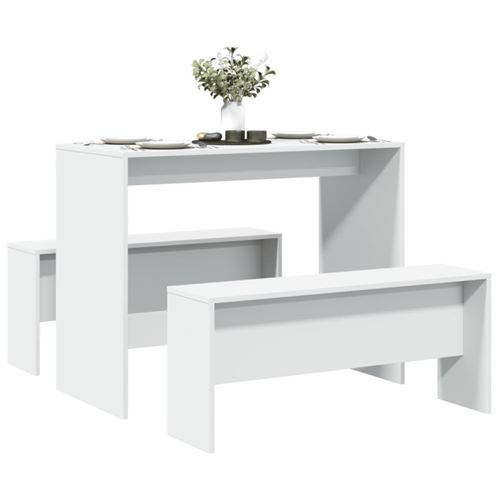 Ensemble table à manger et bancs 3pcs blanc bois d ingénierie