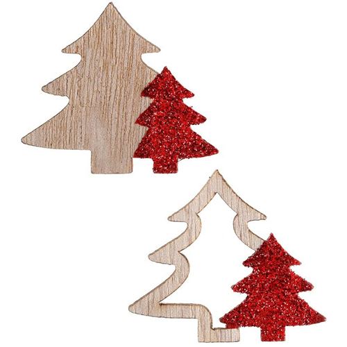 Décoration de table de Noël avec sapin en bois naturel et rouge pailleté 4cm (x10) REF/7495 - santex