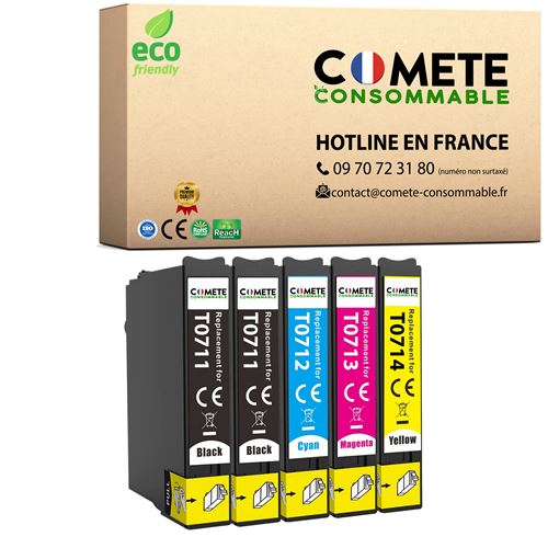 COMETE, Marque Française - T0715 - 5 Cartouches d'encre Compatibles avec EPSON T0715 (T0711, T0712, T0713, T0714) - Noir et Couleur