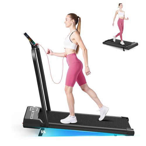 Tapis de course Pliable motorise BIGZZIA, 0.75 HP 1-10 km/h, Support Bluetooth, Avec Écran LCD extra large, Noir