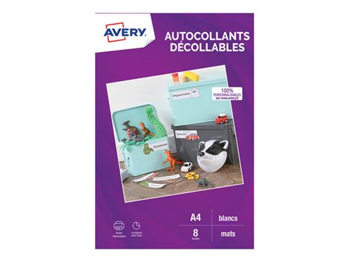 Avery Autocollants - Papier - adhésif amovible - blanc - A4 (210 x 297 mm) 8 unités (8 feuille(s) x 1) étiquettes