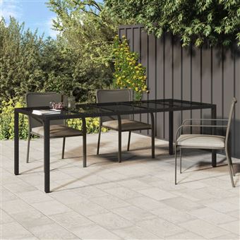 vidaXL Table de jardin Noir 250x100x75 cm Verre trempé et poly rotin - 1