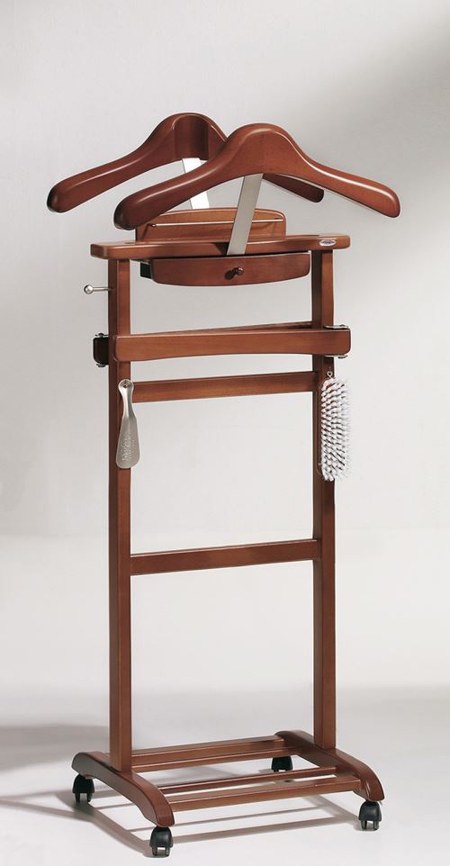 Valet de Nuit double Noyer en Hêtre massif avec plateau porte objets, tiroir et accessoires pour chaussures sur socle a roulettes, 35 x 47 x 110 cm -P