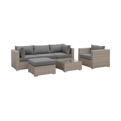 Salon de jardin en résine tressée - Caligari - Beige Coussins Gris Clair Chiné - 5 places - 1 fauteuil 1 fauteuil sans accoudoir 1 pouf 2 fauteuils d'angle une table basse