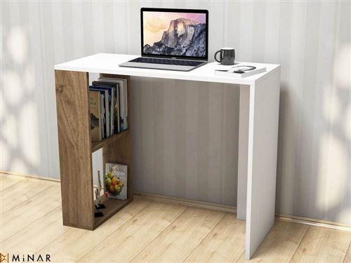 HOMEMANIA Bureau Nano avec Étagères - pour Bureau, Chambre - Noyer, Blanc en Bois, 90 x 40 x 75 cm