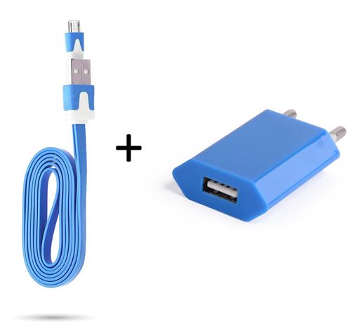 Cable Noodle 1m Chargeur + Prise Secteur pour HUAWEI Ascend P8 Smartphone Micro-USB Murale Pack Universel Android (BLEU)