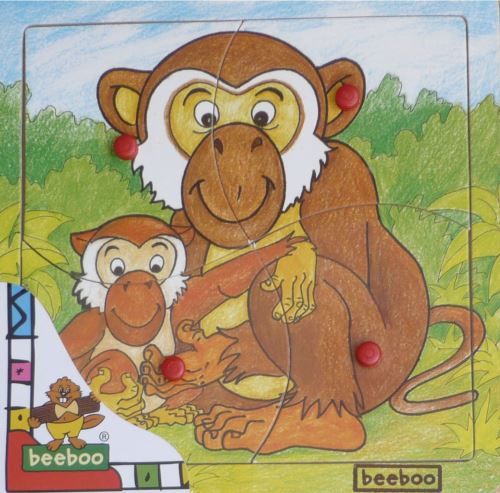 Puzzle a encastrer - singe - 4 pieces - puzzle bouton en bois - animaux