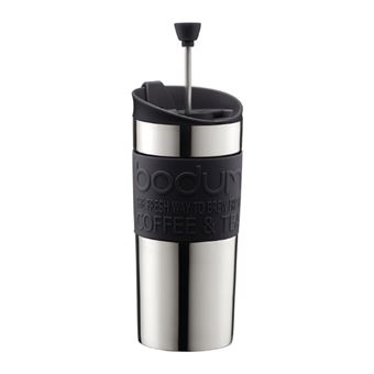 Mug Isotherme Bodum à Piston 0,35 L - Garde Le Chaud/froid 2h, Couvercle Clapet, Bandeau Silicone (Noir/Transparent)