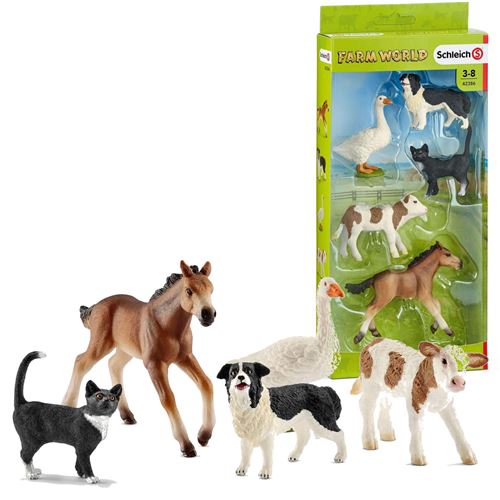 Ensemble Schleich SLH42386 Assortiment de jouets pour animaux du monde de la ferme - Lot de 5 - Chat, chien, vache, figurine.