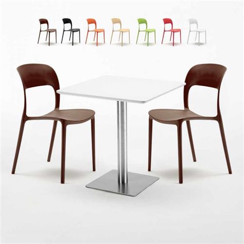 Table carrée blanche 70x70 avec pied en acier et 2 chaises colorées Restaurant Strawberry, Couleur: Marron