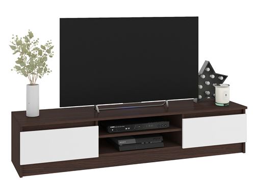 ROBIN | Meuble bas TV contemporain salon/séjour 160x33x40cm | 2 niches + 2 portes | Rangement matériel audio/video/gaming | Wenge/Blanc