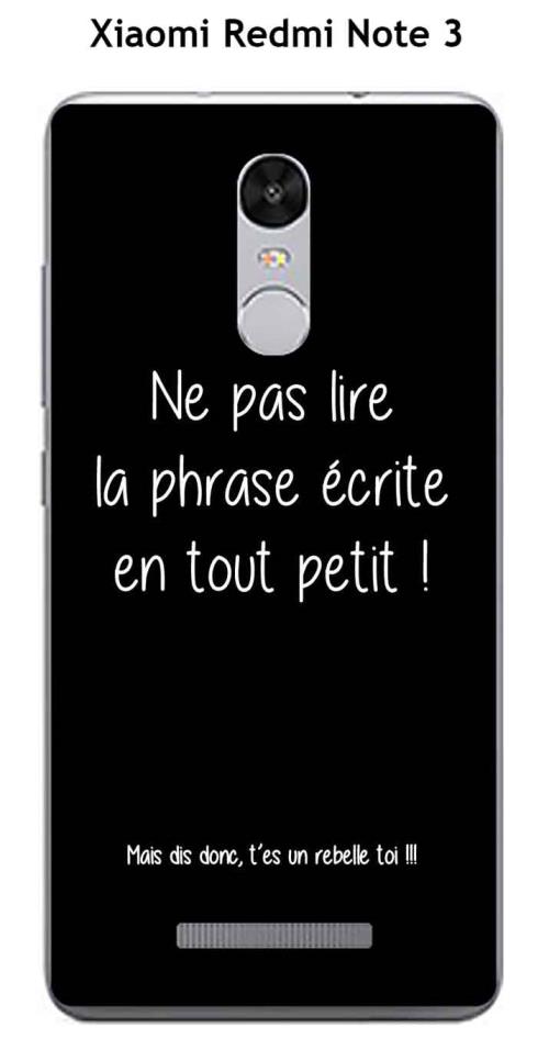 Coque Xiaomi Redmi Note 3 design Citation Rebelle Texte blanc fond noir