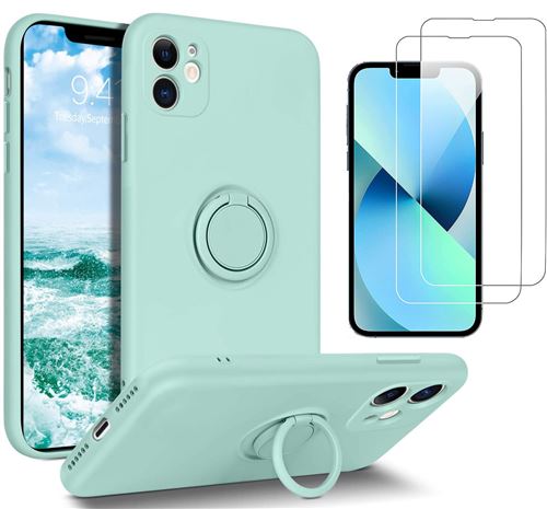 Coque Silicone Pour iPhone 12 Couleur Vert Avec Anneau Support + 2 Verres Trempe Protection Ecran Little Boutik®