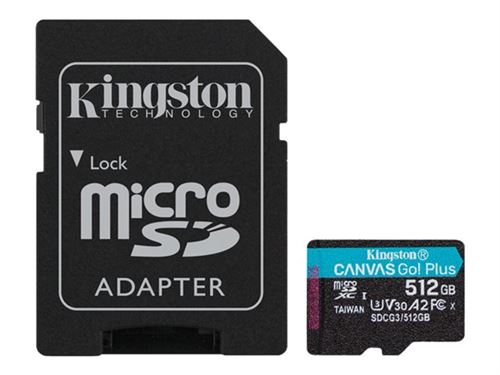 Kingston Canvas Go! Plus - Carte mémoire flash (adaptateur microSDXC vers SD inclus(e)) - 512 Go - A2 / Video Class V30 / UHS-I U3 / Class10 - microSDXC UHS-I
