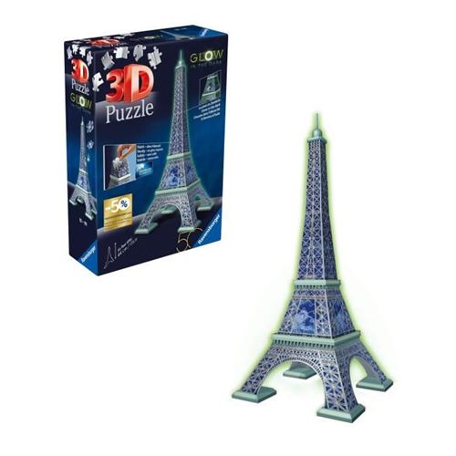 Ravensburger-Puzzle 3D Tour Eiffel Phosphorescente 50 Ans-Des 10 Ans-216P Numérotées A Assembler Sans Colle-Accessoires Inclus-11591