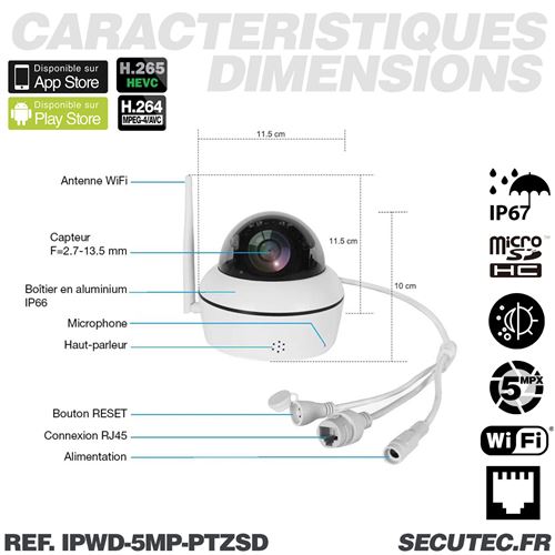 Caméra EXTERIEUR SANS FIL IP PTZ WiFi IR ZOOM x5 HD H264 Avec Enregistrement  SD