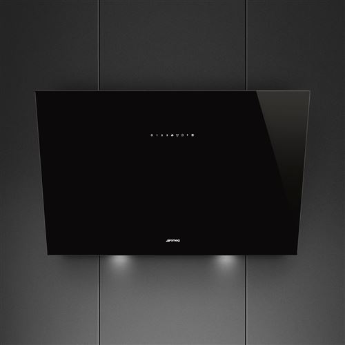 Smeg Hotte Decorative Murale, Design Incline Verre Eclipse, 90 Cm, Touches Tactiles Retro-Eclairees, Arret Automatique, Aspiration Perimetrale, Eclairage 2 Led A Intensite Variable, Capacite Sur 3Eme Vitesse 493 M3/H pour 60 Db, Autovent 2,0