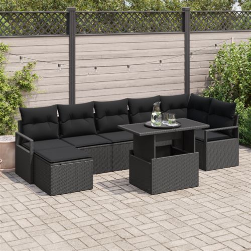 Ensemble de 8 pièces de canapés de jardin avec coussins Noir Poly Rattan, Canapé de jardin 2 places avec rangement et coussins