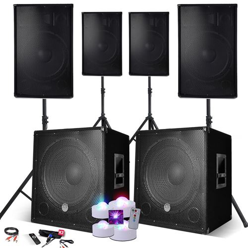 BM SONIC Syst&egrave;me Sonorisation Complet 4400W 4 Enceintes 2 Subwoofers USB Bluetooth Pieds C&acirc;ble PC 4 Jeux LED DJ PA