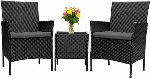 3 pcs Salon de Jardin Ensemble de Canapé FLYCCC en Rotin Synthétique Canapé Noir+coussin de siège
