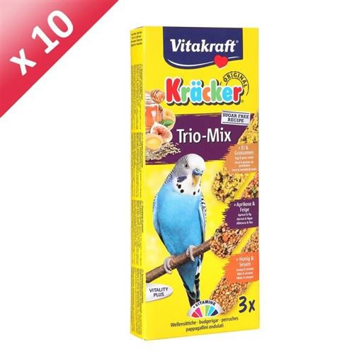 Comparer les prix de VITAKRAFT Kracker Trio-Mix Friandise pour Perruches Miel Sesame, Abricot Figue, oeuf Graines de Graminee - Lot de 10x3
