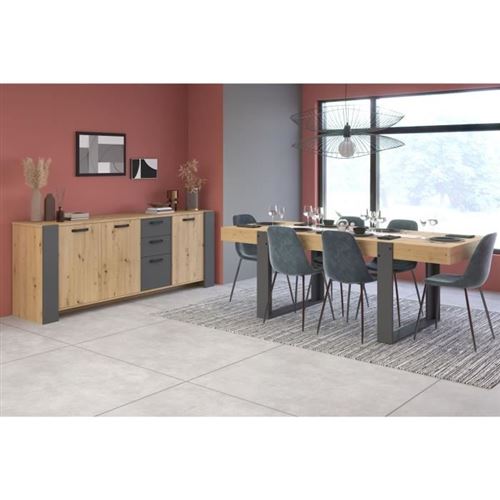 Ensemble enfilade + table LOFT - PARISOT - Chene Artisan et gris - 3 portes - 8 personnes - Image 3