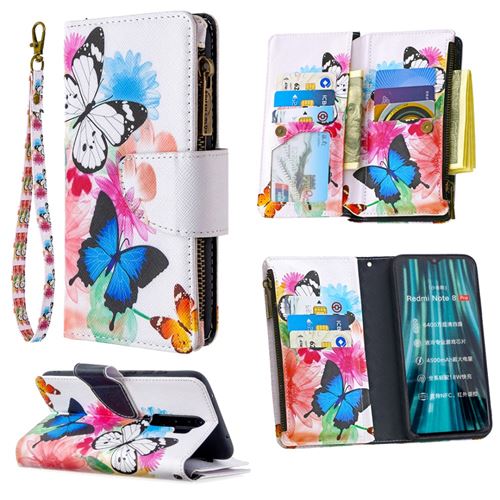Etui en PU fermeture à glissière d'impression de modèle papillon et fleur pour votre Xiaomi Redmi Note 8 Pro