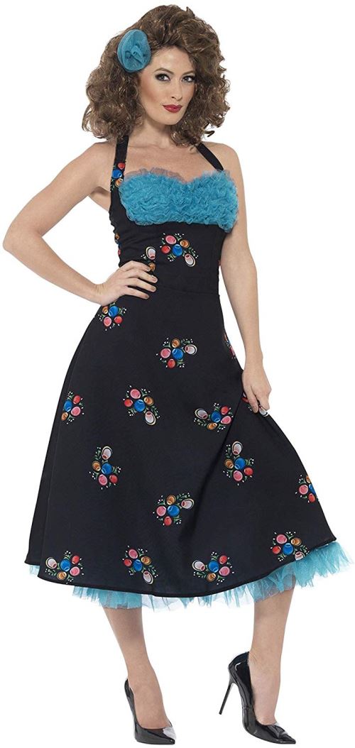 Smiffys Licenciado oficialmente Costume Grease Cha Cha DiGregorio, Noir, avec robe à col haut et barrette