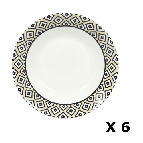Novastyl - 6 Assiettes creuses en porcelaine Kumasi - Diam. 20 cm - Blanc et noir