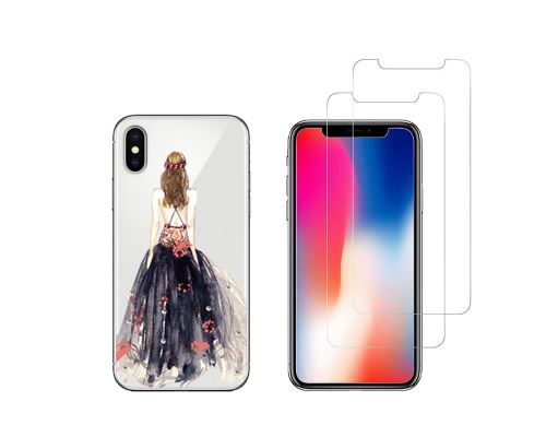 iPhone 10 iPhone X - Combo (1 coque + 2 verres trempés ) Coque Gel transparente et solide anti choc + 2 films en verre trempé (Robe Bleue)