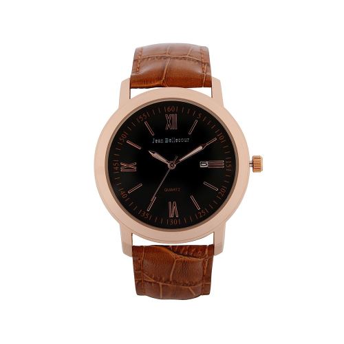 Montre Mixte Jean Bellecour Cadran 38cm En Acier Noir Et Bracelet Marron En Cuir S0036-2