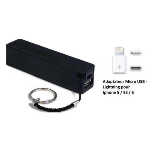 Batterie externe de secours 2600 mah - Powerbank - Noir - avec adaptateur Lightning pour Apple Iphone 5 / 5S / 6