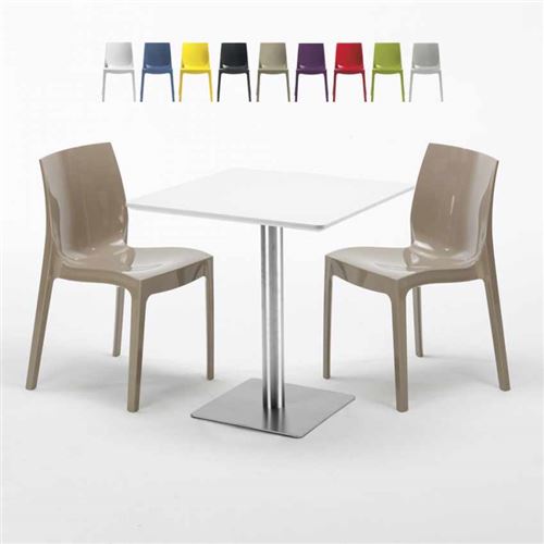 Table carrée blanche 70x70 avec pied en acier et 2 chaises colorées Ice Strawberry, Couleur: Beige