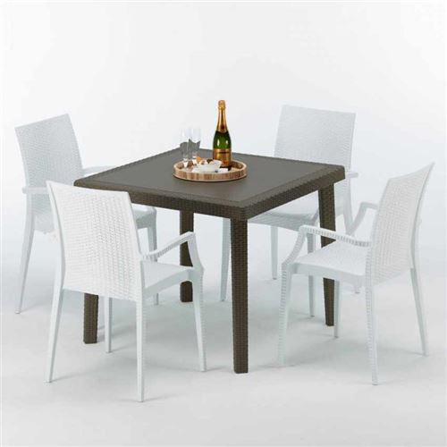 Grand Soleil - Table carrée et 4 chaises colorées Poly-rotin résine 90x90 marron, Chaises Modèle: Bistrot Arm Blanc