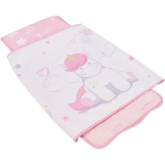 Tapis de sieste rose et blanc motif licorne facile à transporter