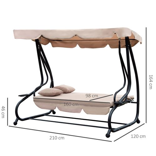 Balancelle De Jardin Convertible 3 Places Toit Impermeabilise Inclinaison Reglable 2 Tablettes Matelas 2l X 1 2l X 1 64h M Metal Epoxy Noir Polyester Beige Mobilier De Jardin Achat Prix Fnac