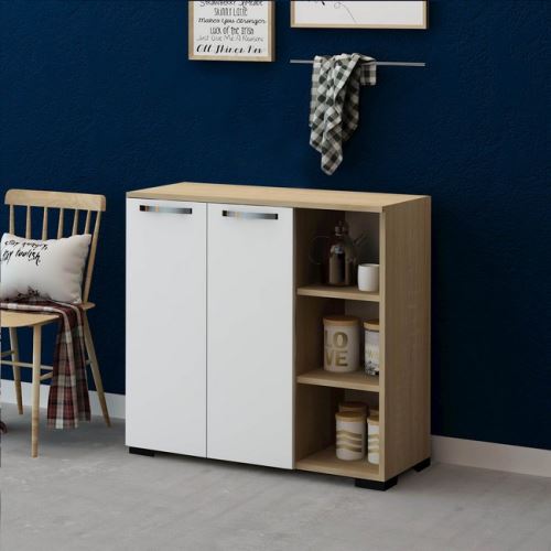 HOMEMANIA Meuble de Rangement Multi-Usages Ruspin - avec portes, étagère - pour hall, salon, chambre, cuisine - Chêne, Blanc en Bois, MDF, 90 x 37 x 85 cm