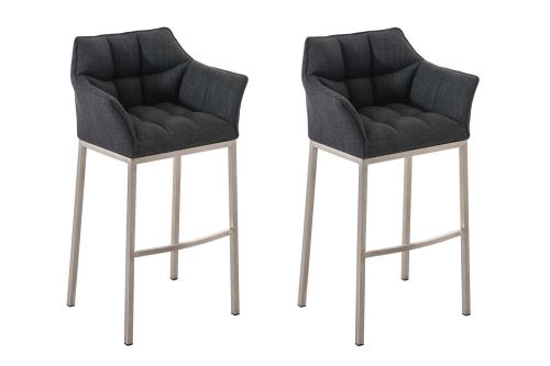 Lot 2 tabourets de bar Damaso en Tissu avec support à 4 pieds , Gris foncé/Acier inoxydable
