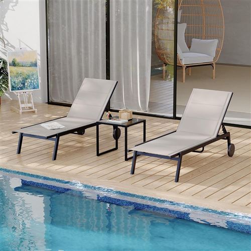 Ensemble Salon De Jardin 3Pcs,2pcs Chaise longue Jardin Transat Extérieur Textilène+1pc table basse,bain de soleil ,brun