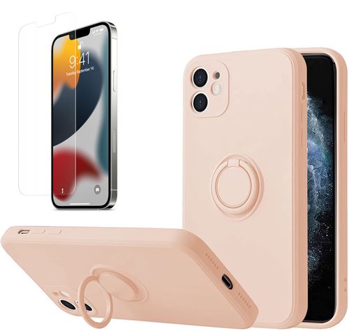 Coque Silicone Pour iPhone 12 Couleur Rose Avec Anneau Support + Verre Trempe Protection Ecran Little Boutik®
