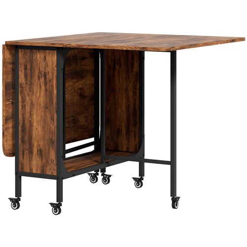 HOMCOM Mesa de comedor plegable con ruedas, mesa de cocina para 6 personas con 2 taburetes y estante integrado, para espacios pequeños, comedor, 130x80x74 cm, marrón rústico