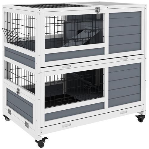 Comparer les prix de Clapier cage lapin sur roulettes - 2 niveaux, 2 plateaux, 3 portes, rampes - bois sapin gris blanc