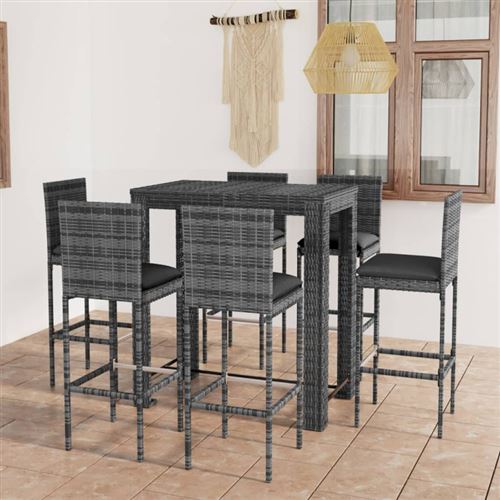 Ensemble de bar d'ext&eacute;rieur 7 pcs coussins R&eacute;sine tress&eacute;e Gris Vidaxl