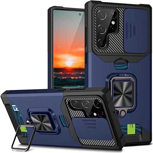 Coque pour Samsung Galaxy S22 Ultra 5G Frusde avec Support et Protection d'objectif et porte-carte - Bleu